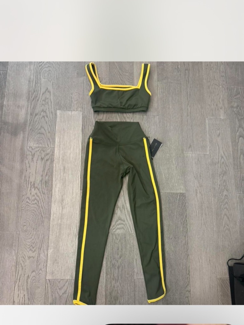 Olive Green High-Waist Leggings & Cropped Sports Bra with Yellow Trim